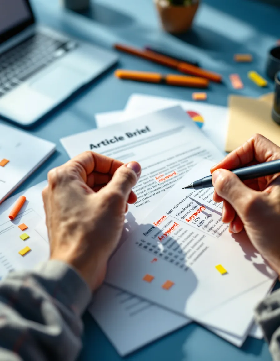 A hand annotating a printed content brief beside marked keyword research