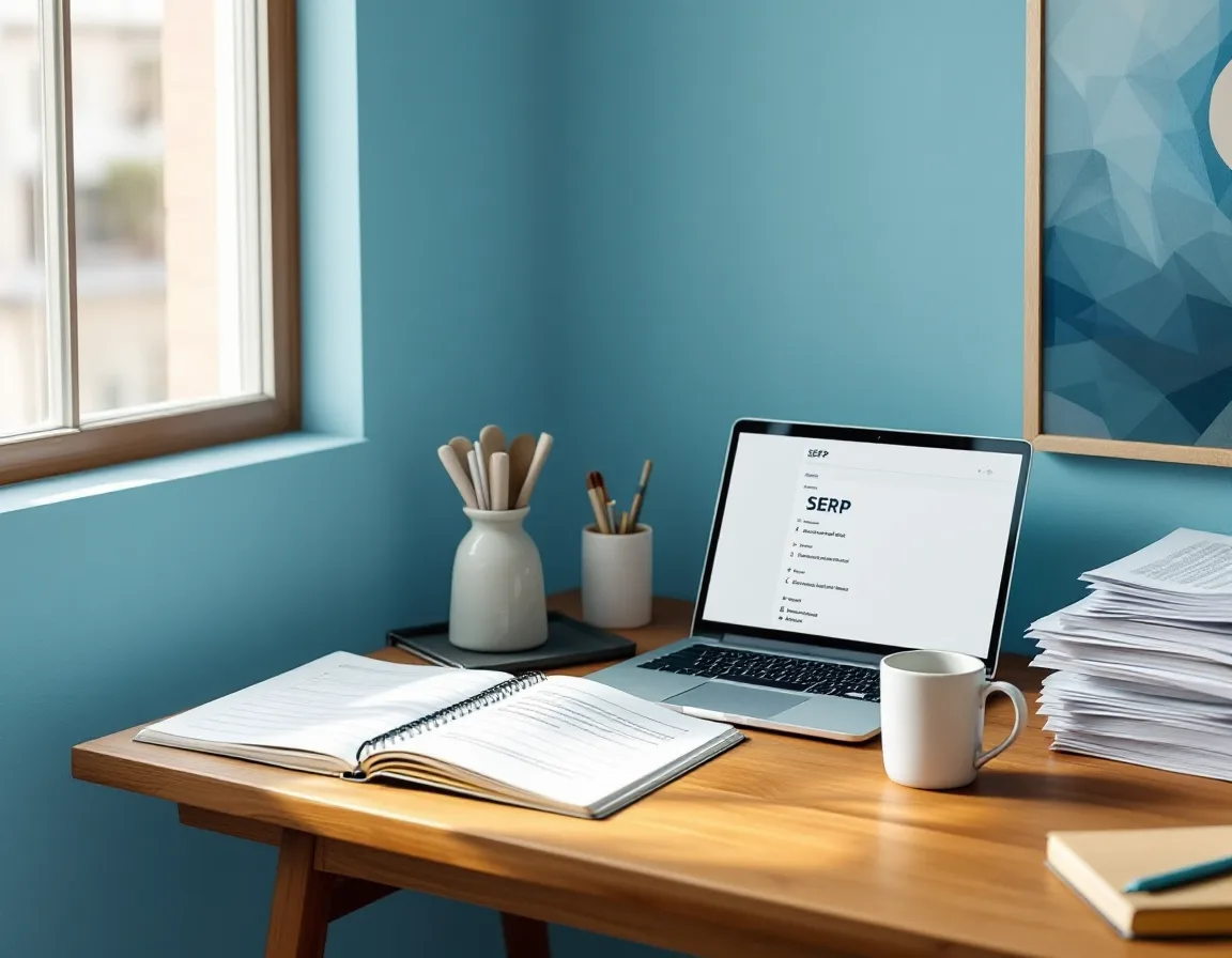 A desk at Zephyr Lane with printed article briefs, keyword notes and a laptop in soft afternoon light